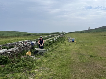 Two drystone wallers at work in a field on the Calf of Man