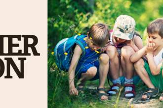 Event banner for Minibeast Magic (Story Garden Reading Challenge) with image of children crouched down investigating nature, with illustrations of a story book and microscope