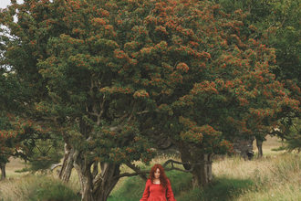 A woman in a red dress stood beneath hawthorn trees full of berries