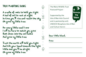 The 'Tree Planting Song' Postcard Design, featuring lyrics by Artist in Residence Alice Dudley