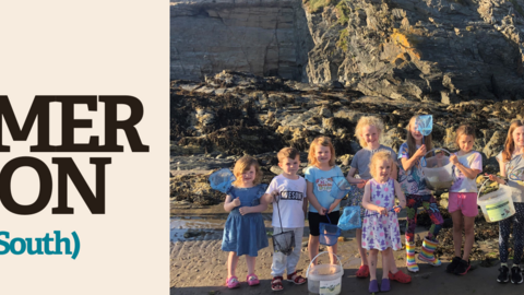 Event banner for Rockpooling, South (Watch Event) with an image of children on the beach holding nets and buckets