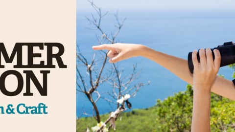 Event banner for Seabird Watch & Craft (Watch Event) - with Manx BirdLife with an image of a child looking through binoculars and pointing out to sea