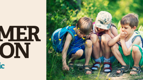 Event banner for Minibeast Magic (Story Garden Reading Challenge) with image of children crouched down investigating nature, with illustrations of a story book and microscope