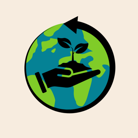 Image shows earth with a graphic of a hand holding a plant on top.