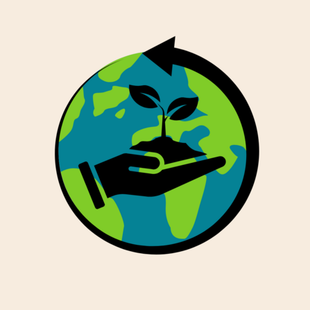 Image shows earth with a graphic of a hand holding a plant on top. 