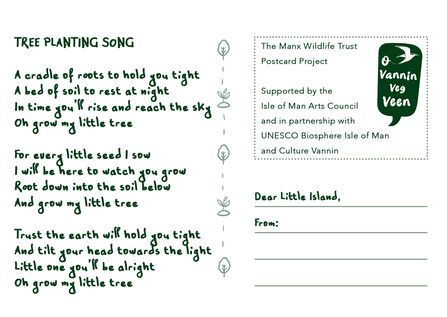 The 'Tree Planting Song' Postcard Design, featuring lyrics by Artist in Residence Alice Dudley