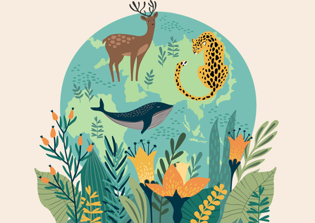 Illustration for SDA 100th birthday competition - wild animals above an image of the earth